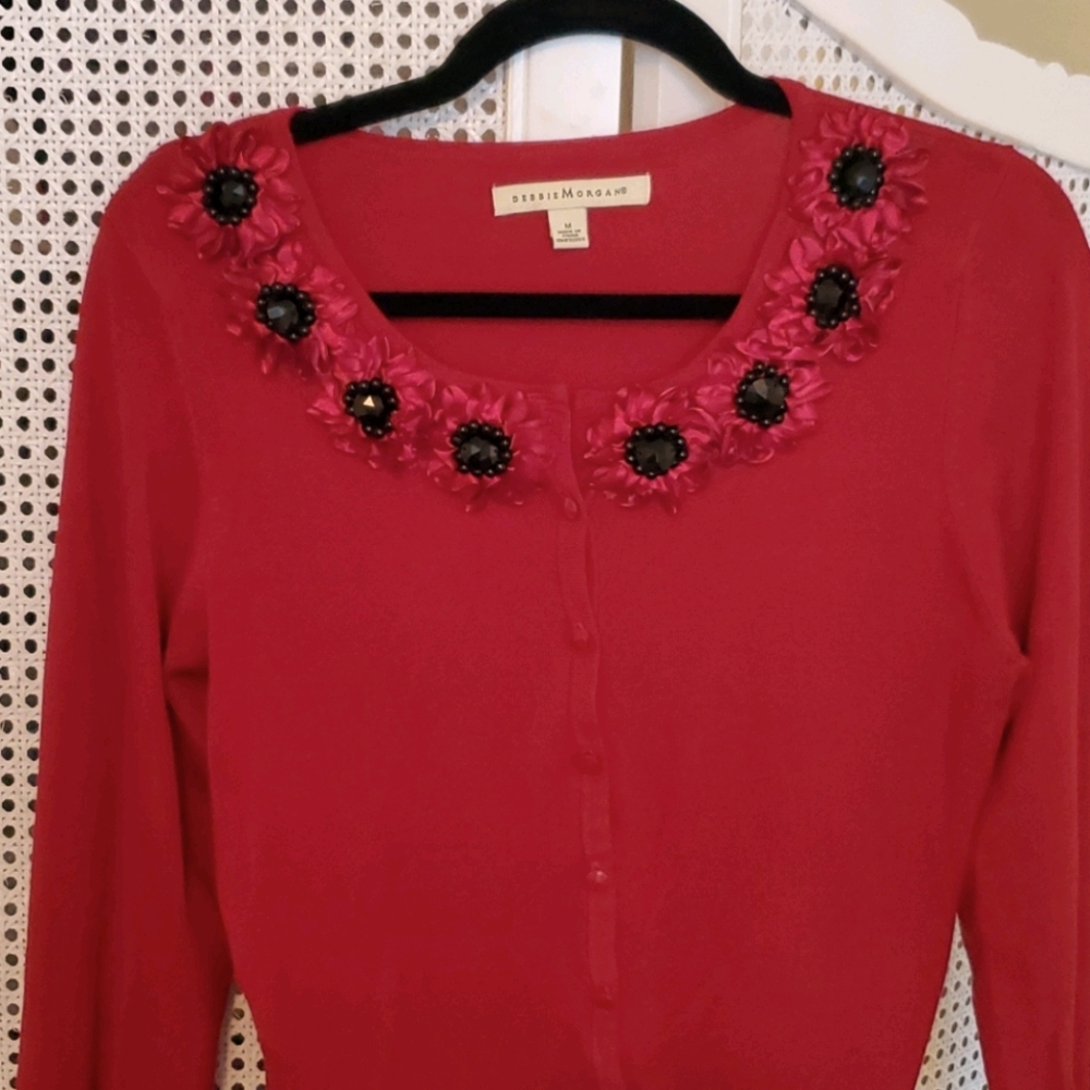 Red Carnigan Sweater embellishments Debbie Morgan